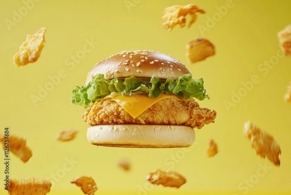 Fototapeta A floating burger with lettuce, cheese, and crispy chicken against a bright yellow background.