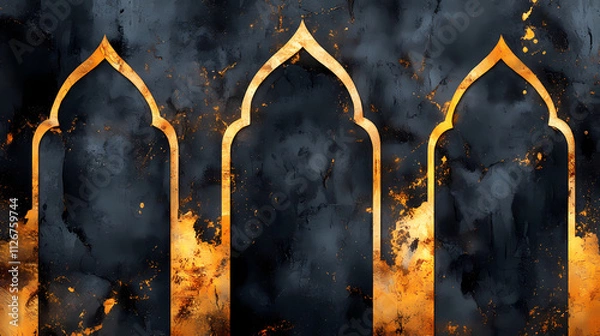 Fototapeta Symmetrical gothic arches with dark background and golden accents create striking visual. intricate design evokes sense of elegance and mystery