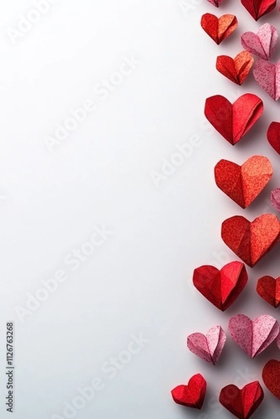 Fototapeta neat row of tiny paper hearts in red and pink is arranged on smooth white background softly illuminated with abundant