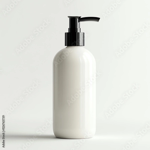 Obraz Minimalistic white pump bottle on a clean background, ideal for personal care products.