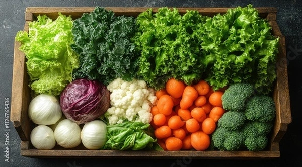 Fototapeta Fresh vegetables in wooden crate lettuce, kale, red cabbage, cauliflower, carrots, broccoli, onion, spinach.