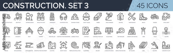 Fototapeta Set of 45 outline icons related to construction. Third set. Linear icon collection. Editable stroke. Vector illustration	
