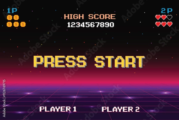 Fototapeta PRESS START. INSERT A COIN TO CONTINUE. pixel art. 8 bit game. retro game. for game assets. Retro Futurism Sci-Fi Background. glowing neon grid. and stars from vintage arcade computer games