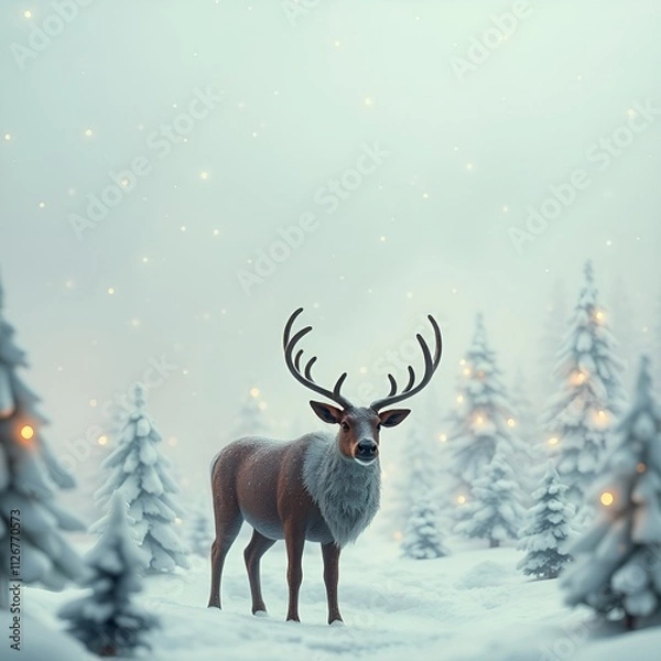 Obraz Christmas banner with magical scene of a reindeer in center in snowy forest with Christmas trees with lights and stars with copy space