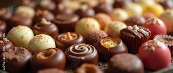 Fototapeta A decadent assortment of chocolate truffles in various shapes and colors, sprinkled with nuts and dusted with sugar.