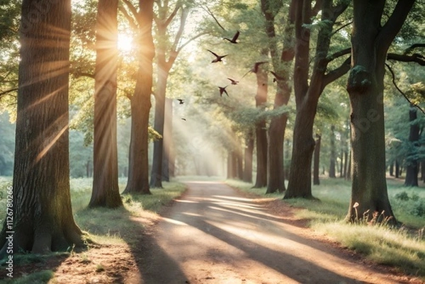 Fototapeta Serene Forest Path with Sunlit Oaks and Soaring Birds