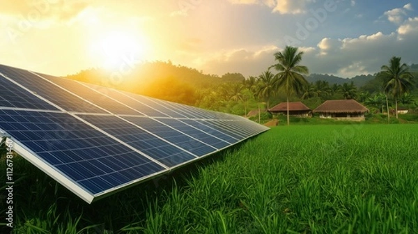 Fototapeta Solar panels field at sunset. Renewable Energy Green Technologies