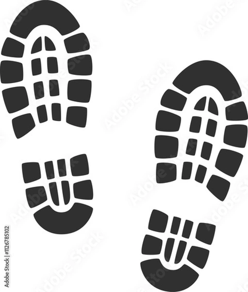 Obraz Shoe prints. Black boots footprints silhouettes. Human steps traces. Vector illustration isolated on white background.