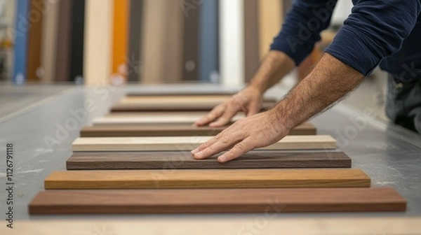 Obraz The handmade woodwork. Hands examining wooden samples in a workshop setting.