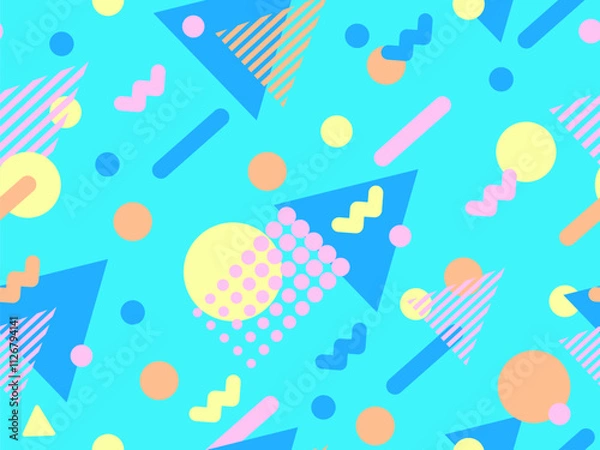 Fototapeta Geometric seamless pattern with memphis elements in 80s style. Colorful geometric pattern. Design of promotional products, wrapping paper and printing. Vector illustration