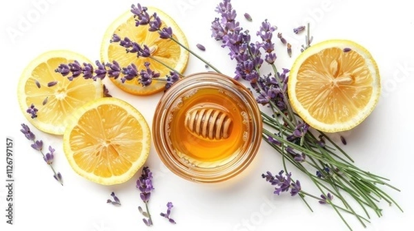 Obraz A jar of golden honey surrounded by fresh lavender sprigs and lemon slices, isolated on a white background