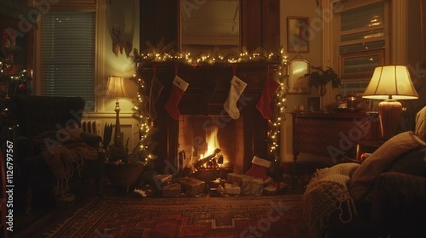 Fototapeta A vibrant red poinsettia plant in full bloom, sitting on a rustic wooden table surrounded by softly glowing Christmas lights and festive decorations