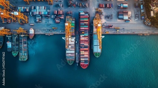 Fototapeta Aerial; drone view of port with shipyard silhouettes on the horizon; industrial cityscape in sunny weather with blue sky; process of ship repairing, logistic import export and transport background
