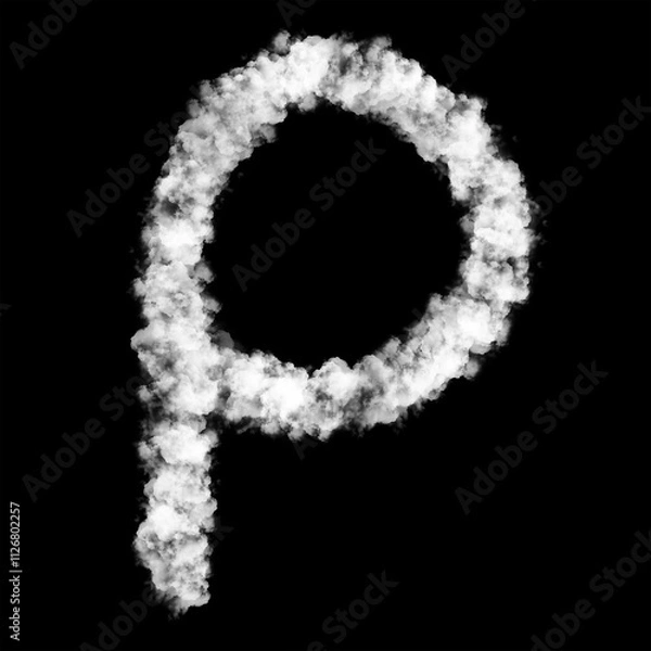 Fototapeta The letter "P" of the English alphabet made by Sky or Cloud effect, White color, Fog or smoke isolated on black background,  Mist or smog Special effect, Illustration design, Alphabet A-Z