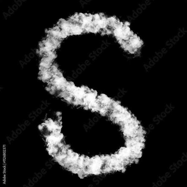 Fototapeta The letter "S" of the English alphabet made by Sky or Cloud effect, White color, Fog or smoke isolated on black background,  Mist or smog Special effect, Illustration design, Alphabet A-Z