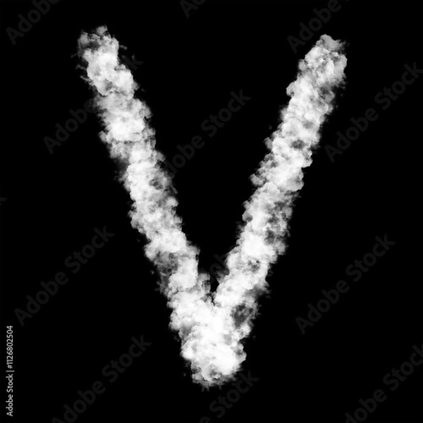 Fototapeta The letter "V" of the English alphabet made by Sky or Cloud effect, White color, Fog or smoke isolated on black background,  Mist or smog Special effect, Illustration design, Alphabet A-Z