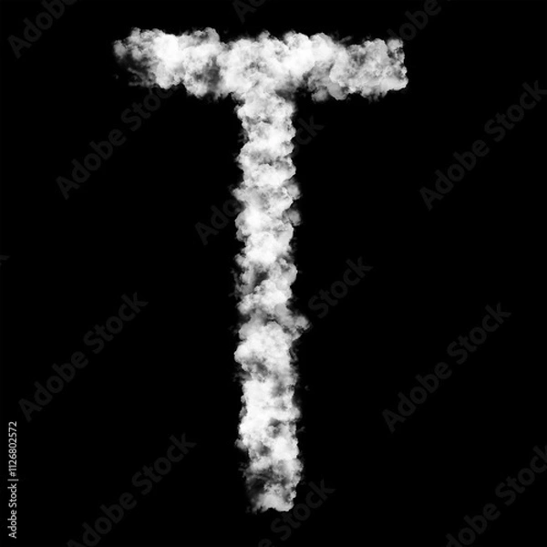 Fototapeta The letter "T" of the English alphabet made by Sky or Cloud effect, White color, Fog or smoke isolated on black background,  Mist or smog Special effect, Illustration design, Alphabet A-Z