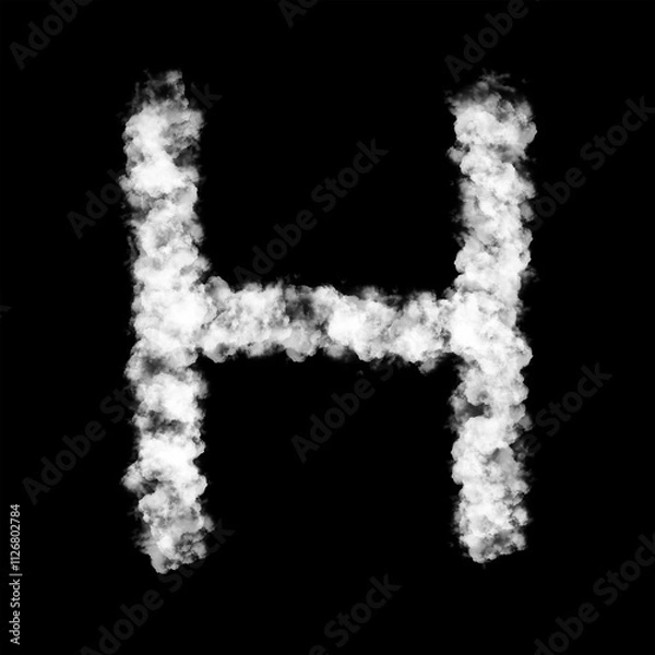 Fototapeta The letter "H" of the English alphabet made by Sky or Cloud effect, White color, Fog or smoke isolated on black background,  Mist or smog Special effect, Illustration design, Alphabet A-Z