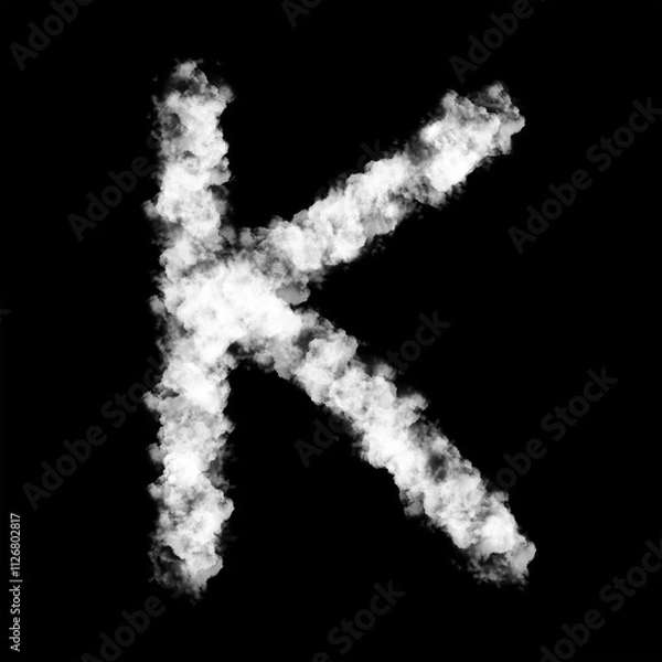 Fototapeta The letter "K" of the English alphabet made by Sky or Cloud effect, White color, Fog or smoke isolated on black background,  Mist or smog Special effect, Illustration design, Alphabet A-Z