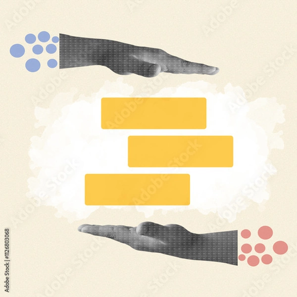 Fototapeta  Photo collage for business Black and white Copy space for text and images. Digital art.Top and bottom black and white hands with halftone textures and space for text in the middle.