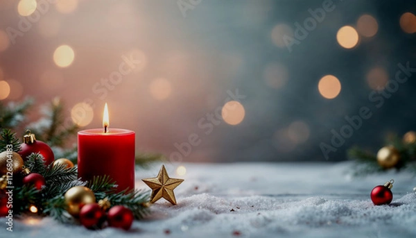 Fototapeta Festive holiday greeting card with featuring a lit red candle, ornaments, and a warm bokeh background