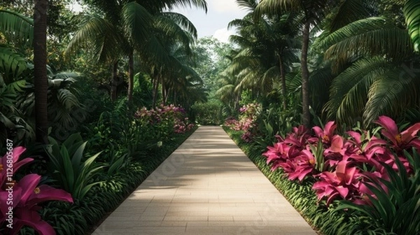 Obraz A serene, lush pathway lined with vibrant flowers and tropical plants, inviting exploration through a green paradise.