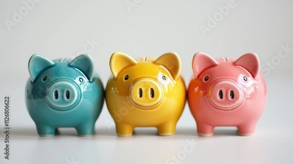 Obraz Three colorful piggy banks in teal, yellow, and pink arranged in a row, symbolizing saving and personal finance.