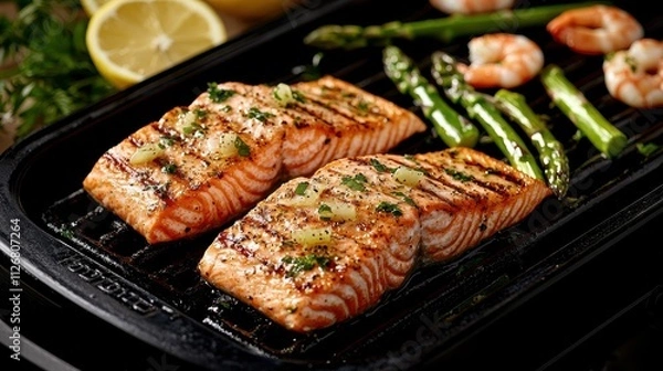 Obraz Grilled salmon fillets with shrimp and asparagus, garnished with herbs and lemon slices, showcasing a delicious and healthy meal.