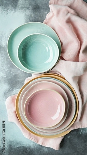 Fototapeta Pastel-colored ceramic plates neatly stacked atop a soft pink cloth, creating an aesthetically pleasing and minimalistic flat lay for kitchenware presentations and design ideas.