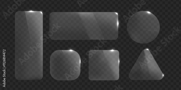Fototapeta Vector glass frame. Isolated on transparent background. Glass banner realistic. Rectangular, round, triangular and square acrylic banner.  
