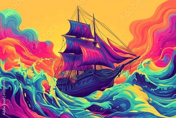 Obraz 3D Vector Illustration of an Old Ship on Psychedelic Waves with Surreal Aesthetic