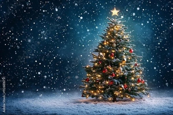 Fototapeta Christmas tree with lights standing in the snow at night, creating a beautiful festive background for a Christmas card.