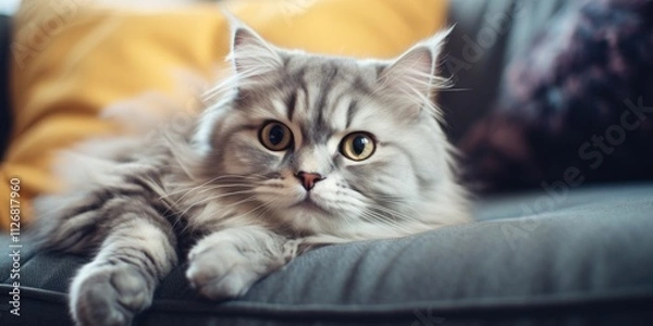 Fototapeta Cat is laying on a couch with its head tilted to the side. The cat has a curious expression on its face