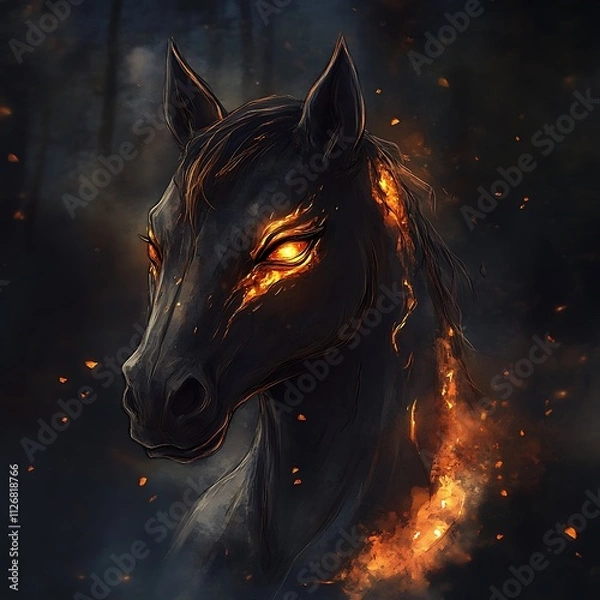 Obraz Beautiful Fire Horse with Glowing Effect in Fantasy Style on a Black Background