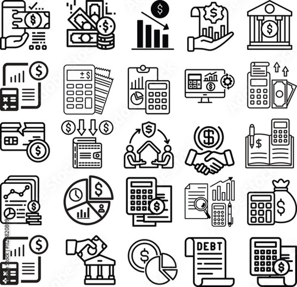 Fototapeta A collection of financial and business icons showcasing concepts like investments, transactions, and teamwork in a modern style