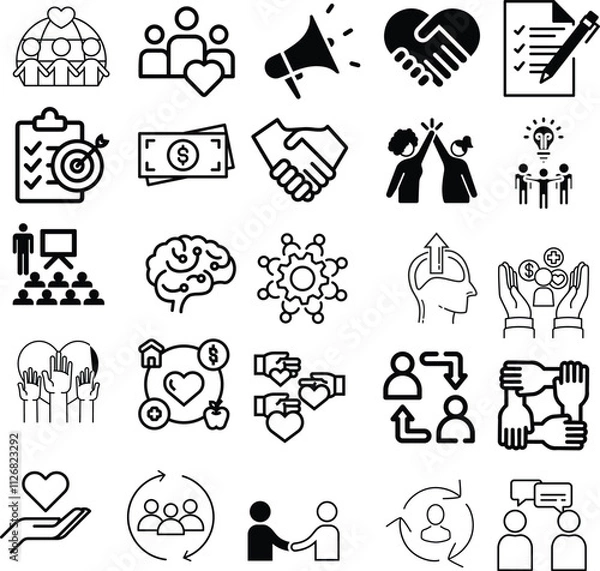 Fototapeta A set of business-related icons in black and white, covering various concepts like teamwork, communication, and productivity