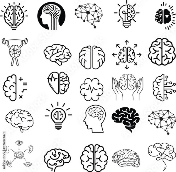 Fototapeta A set of business-related icons in black and white, covering various concepts like teamwork, communication, and productivity