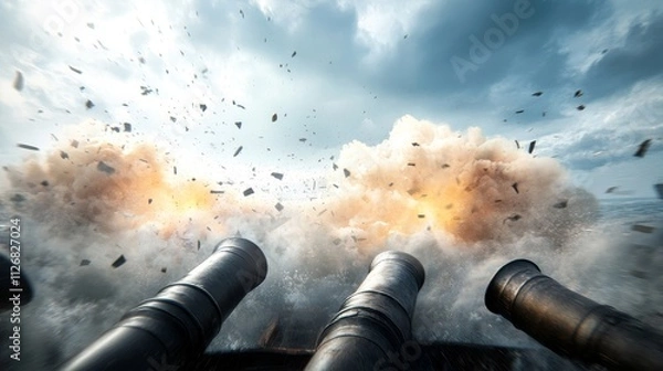 Obraz Explosive Action Scene with Cannons Firing in Dramatic Ocean Landscape Under Stormy Sky Captured from the Gun Deck of a Historical Ship