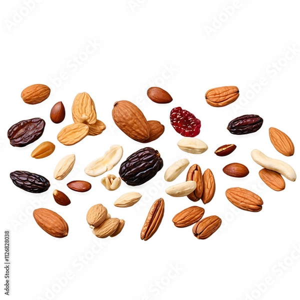 Obraz Trail Mix Explosion: A vibrant scattering of almonds, pecans, dates, and dried cranberries, capturing the essence of a healthy and delicious snack.  