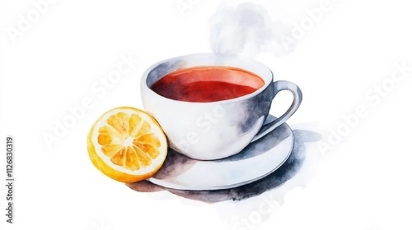 Fototapeta Watercolor Painting of Steaming Cup of Tea with Lemon Slice on White Background