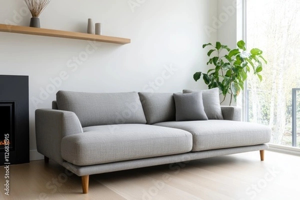 Fototapeta modern living room decor, a gray corner sofa sits cozily in a serene room corner, complemented by a chic shelving unit and fireplace, blending modern style with comfort