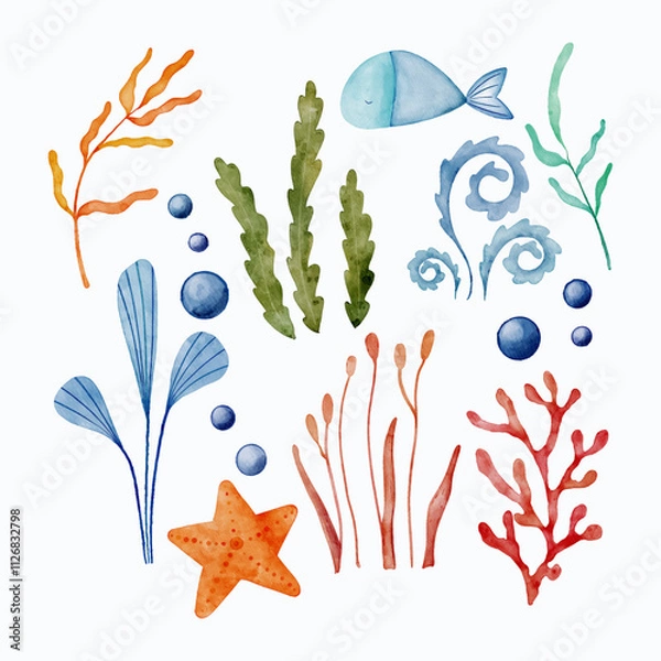 Fototapeta Underwater watercolor plants and animals. Colored seaweed and algae, corals and reefs, fishe. Cartoon vector illustration set of aquarium or ocean and marine creatures. Tropical sea life elements.
