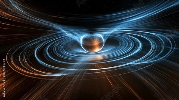 Fototapeta Abstract magnetic field visualization with glowing lines and arrows representing the flow of magnetic force around a central object in a dark, empty space.