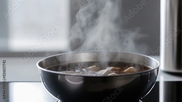 Fototapeta Sundubu-jjigae showing steaming broth and tofu, minimalist setup.