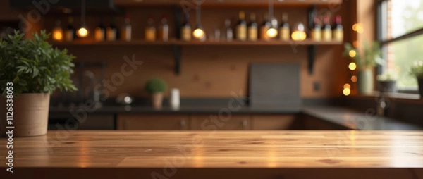 Fototapeta Polished Wooden Countertop with Blurred Wine Rack and Holiday Twinkling Lights