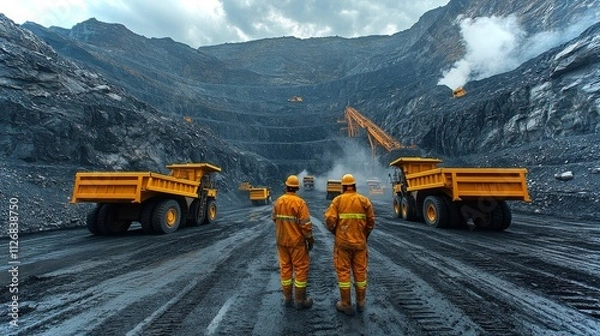 Fototapeta Open-pit coal mining operation with heavy machinery and workers at a vast excavation site
