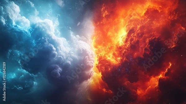 Fototapeta Dual-tone background with angelic clouds on the left in soft blues and whites, contrasting with demonic flames on the right in fiery reds and oranges, creating a striking good vs evil theme 