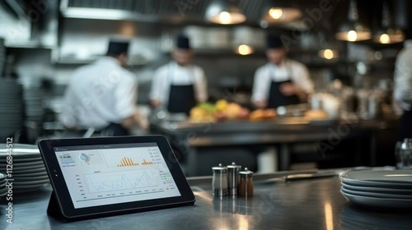 Obraz A modern kitchen with chefs, a tablet displaying analytics, and organized plates.
