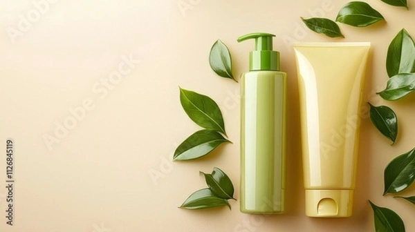 Fototapeta Scalp revitalization antidandruff shampoo & conditioner set in natural setting - essential hair care products