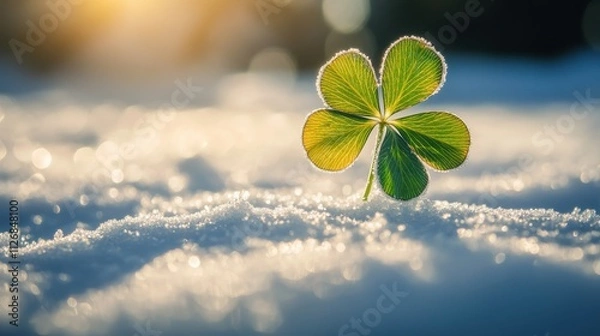 Fototapeta Four Clover with snow in winter season, Lucky clover leaves with four leaf,Clover flowers background,Patricks day,Spring flower pattern,St. Patrick s day seamless pattern,copy space.